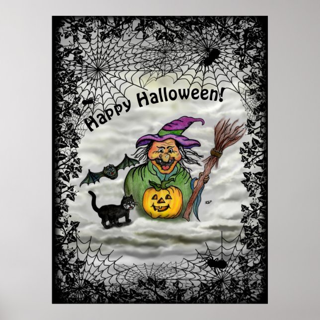 Poster Witch , Cat , Bat and Pumpkin , Happy Halloween ! (Frente)