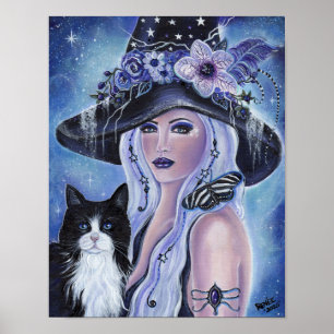 Poster Witch with tuxedo cat art by Renee L. Lavoie