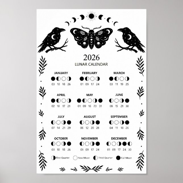 Poster Witchcraft Moth Crow Celestial Lunar Moon Calendar (Frente)