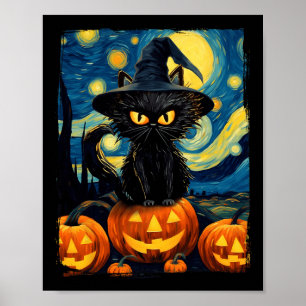 Poster Witry Cat Starry Night Van Gogh Retro Halloween Ca