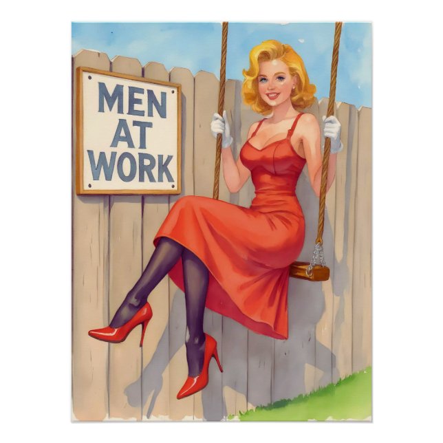 Pôster Witty Retro Pin-Up Girl - "Men at Work" (Frente)