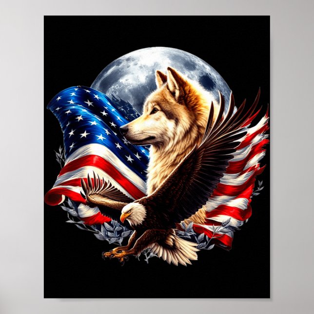 Poster Wolf Bald Eagle American Flag Full Moon New Years  (Frente)
