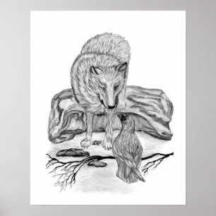 Pôster Wolf e Raven design preto e branco