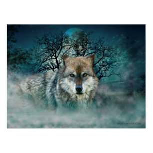 Pôster Wolf Full Moon em Fog