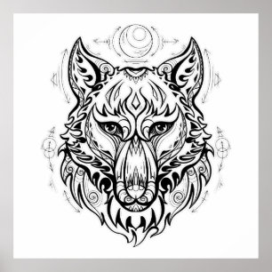 Poster Wolf head with ethnic decorations