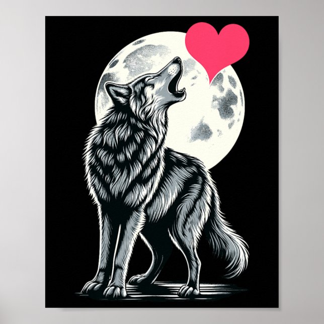Poster Wolf Holding Heart Valentine's Day Cute Wolves Val (Frente)