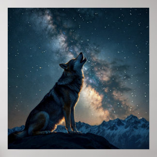 Poster Wolf Howling Em Starry Night