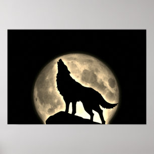 Poster Wolf Howling Full Moon Night Sepia