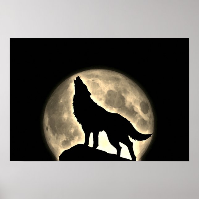 Poster Wolf Howling Full Moon Night Sepia (Frente)