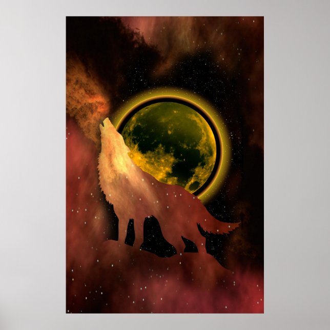 POSTER WOLF HOWLING NA GALÁXIA DA LUA ESPACIAL (Frente)