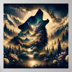 Poster Wolf Howling na lua