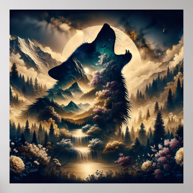 Poster Wolf Howling na lua (Frente)