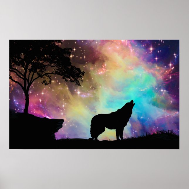 Poster Wolf Howling na Lua Galáxia Stars Animal (Frente)
