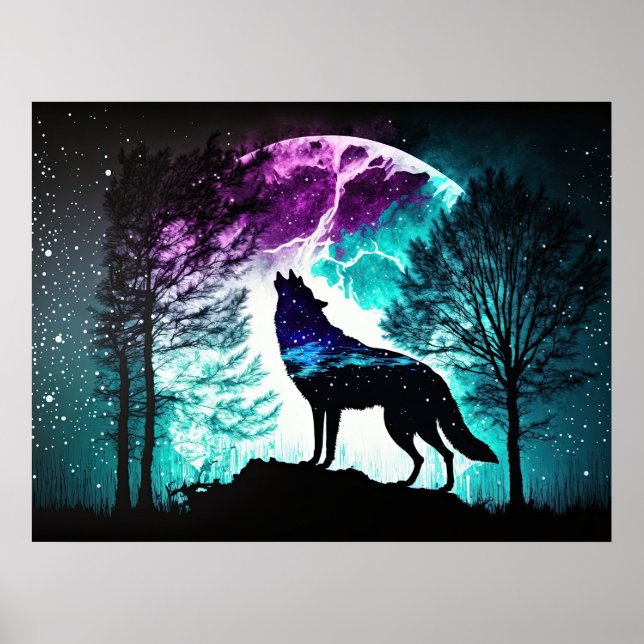Poster Wolf Howling na Lua Galáxia Stars Animal (Frente)