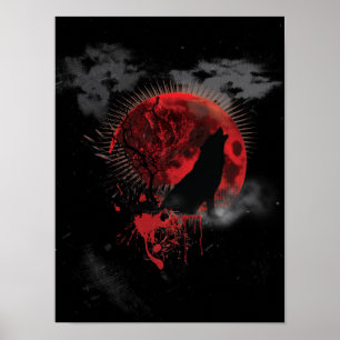 Poster Wolf Howling Sangue Red Moon