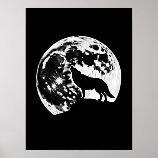 Poster Wolf Howling Silhuetou Contra a Lua Cheia (Frente)