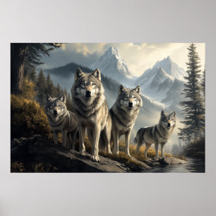 Poster Wolf Pack na Paisagem de Montanha
