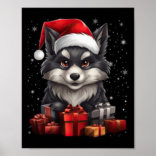Poster Wolf Santa Claus Hat Natal Snow Xmas Pajama Pa (Frente)