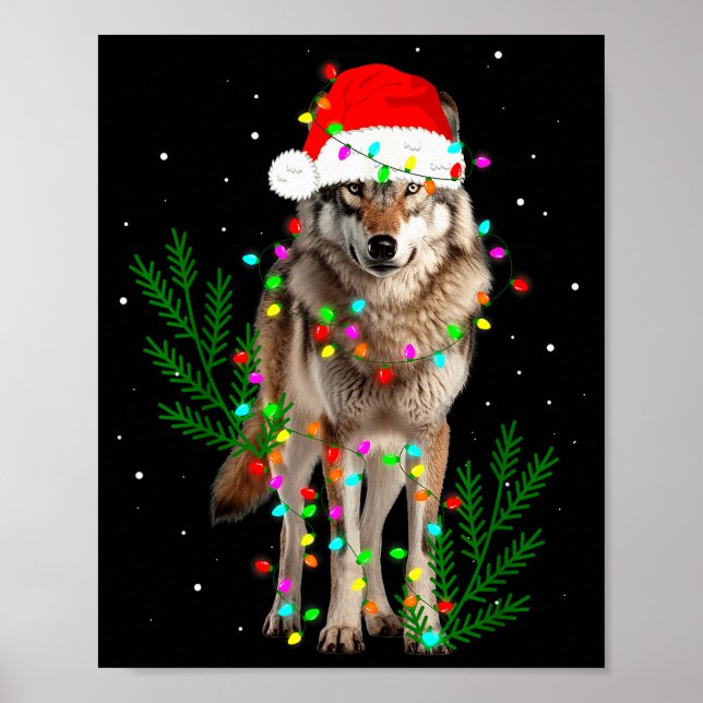 Poster Wolf Santa Hat Christmas Lights Wolf Lover Animal  (Frente)