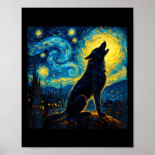 Poster Wolf Starry Night Howling Moon Engraçado Para Home (Frente)