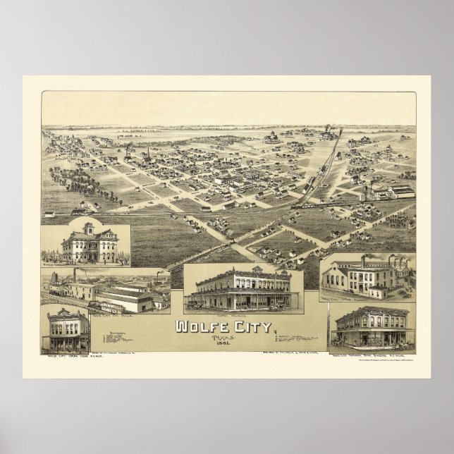 Poster Wolfe City, Mapa Panorâmico TX - 1891 (Frente)