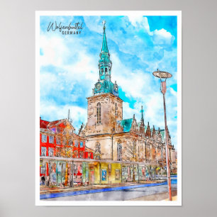 Poster Wolfenbuttel Alemanha viagens vintage aquarela