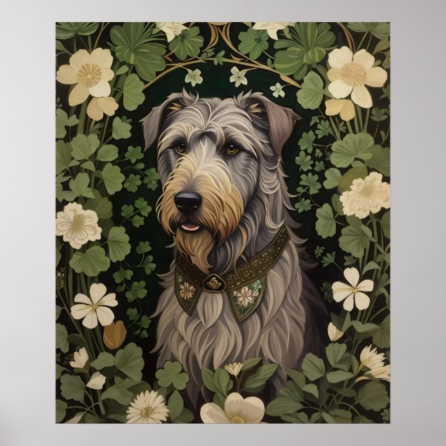 Poster Wolfhound Irlandês Elegante Com Shamrocks (Frente)