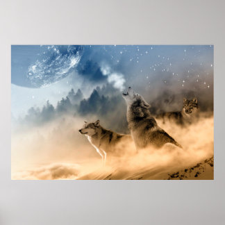 Poster Wolfs uivando na fantasia da lua
