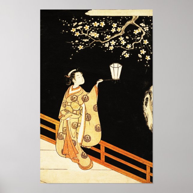 Poster  Woman Admiring Plum Blossoms at Night  (Frente)