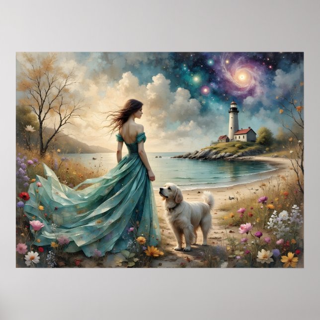 Poster Woman in blue gown on beach with dog, lighthouse. (Frente)
