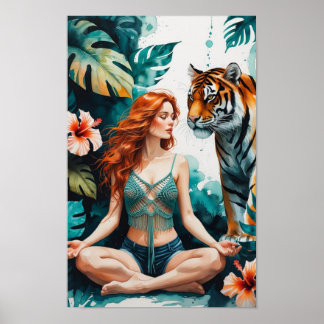 Poster Woman Meditating with Bengal Tiger