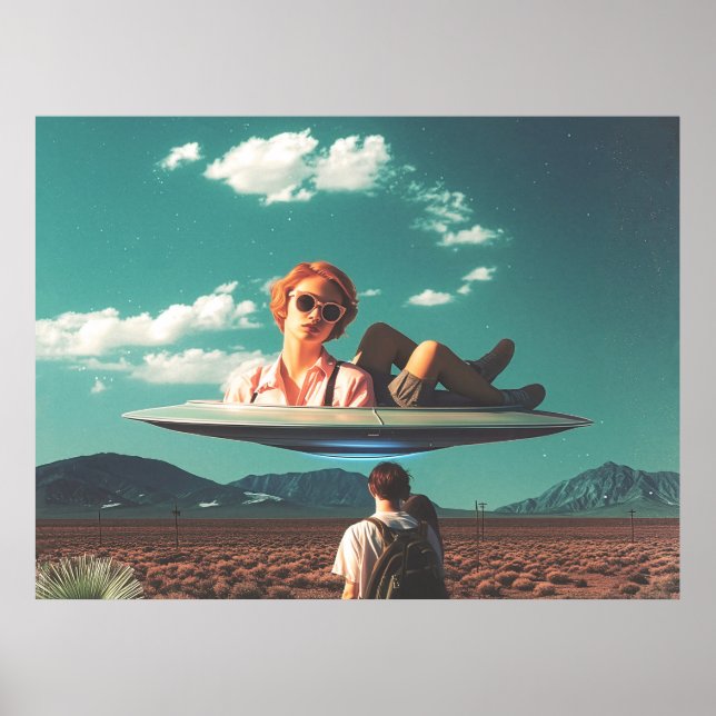 Poster Woman Relaxing on UFO in Desert (Frente)