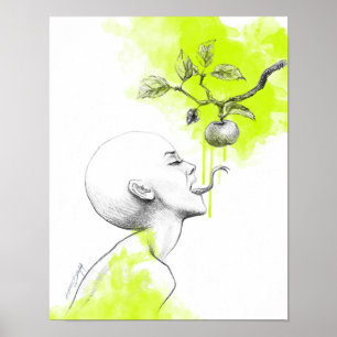 Poster Woman Snake tongue Apple Green splash Surreal art