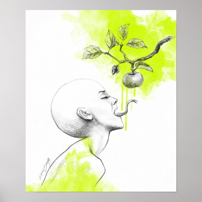 Poster Woman Snake tongue Apple Green splash Surreal art (Frente)