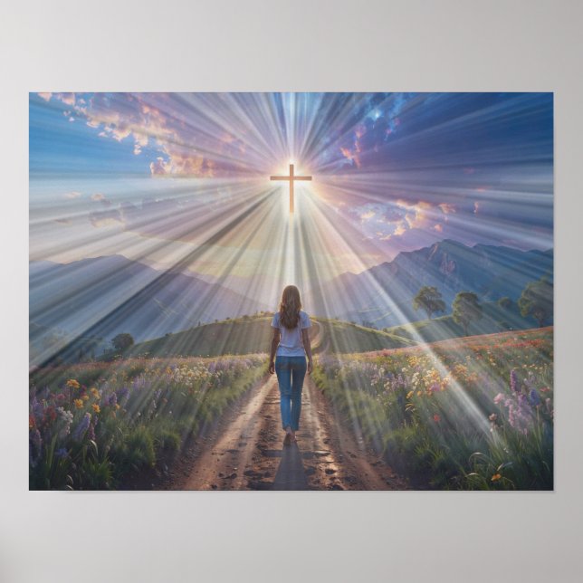 Poster Woman Walking Toward Glowing Cross – Faith Journey (Frente)