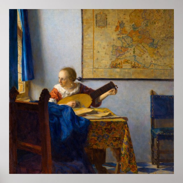 Poster Woman with a lute by Johannes Vermeer (Frente)
