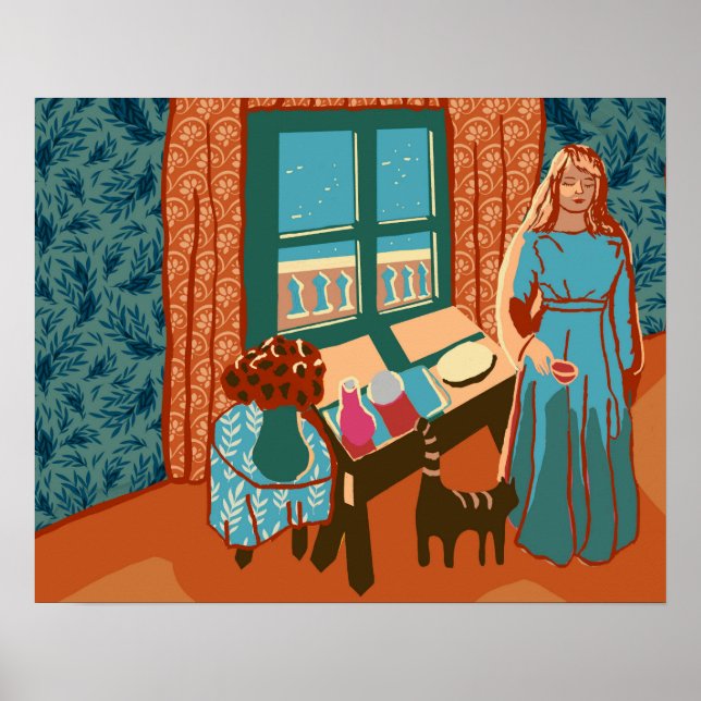 Poster Woman with cat in house by the sea sunlight happy  (Frente)