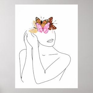 Poster Woman's Face Portrait and Butterflies Line Art Pos