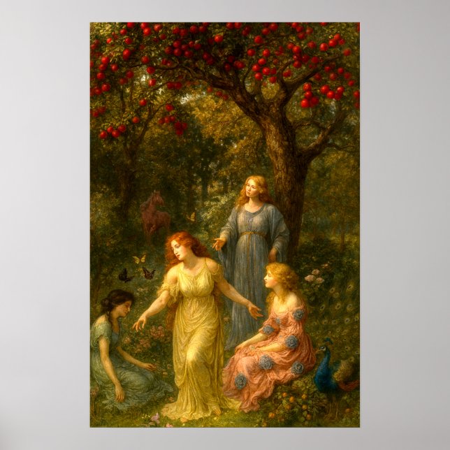 Poster Women, Butterflies & Peacock In Garden (Frente)