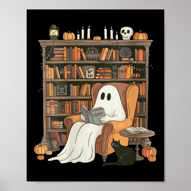 Poster Womens Bookish Ghost Haunted Library Cat Bookworm  (Frente)