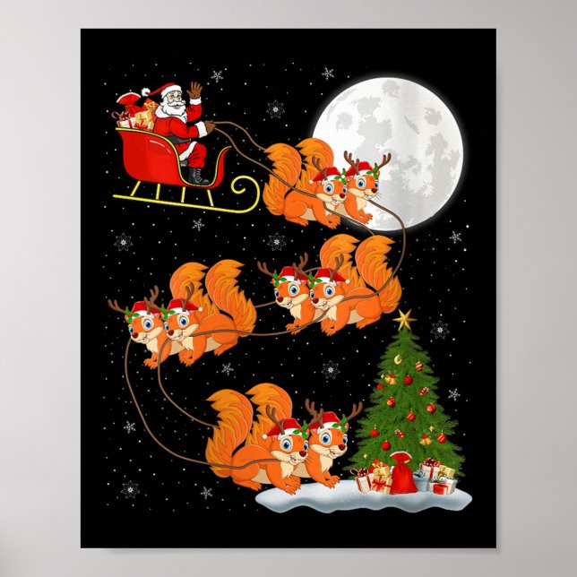Poster Womens Squirrel Santa Sleigh Flying Funny Magical  (Frente)
