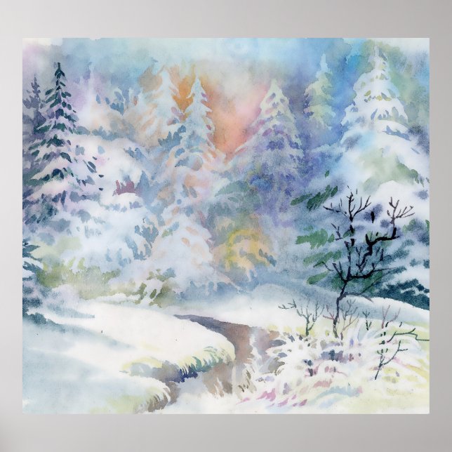 Poster Wonderland de inverno: Paisagem com Aquarela (Frente)