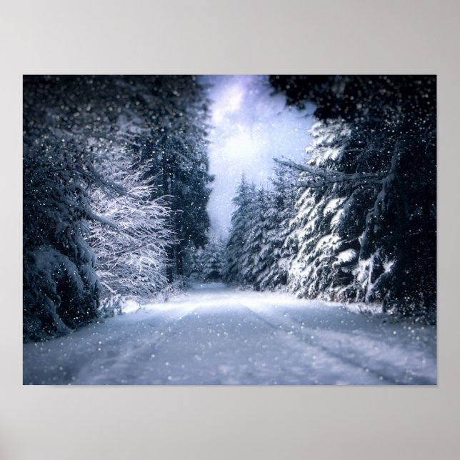 Poster Wonderland Forest de inverno queda de neve (Frente)