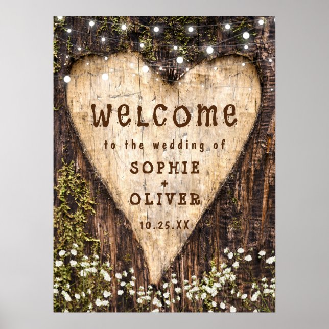Poster Wood Bark Heart Country Rustic WELCOME Wedding (Frente)