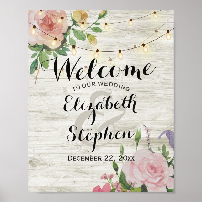 Poster Wood Floral Lights Wedding Recepção Sinal (Frente)