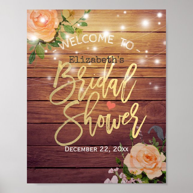 Poster Wood Floral String Lights Chá de panela Welcome (Frente)