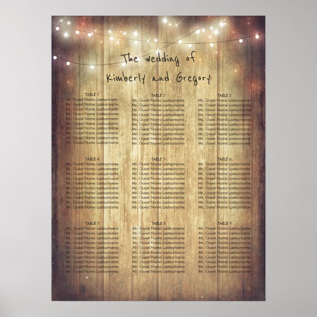 Pôster Wood String Lights Rustic Wedating Chart (Frente)