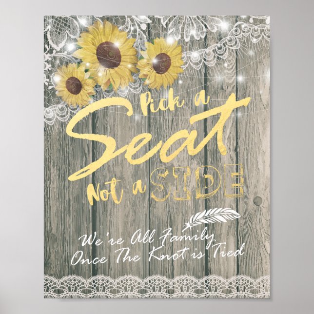Poster Wood Sunflower Pick A Seat Not A Side Wedding Sign (Frente)