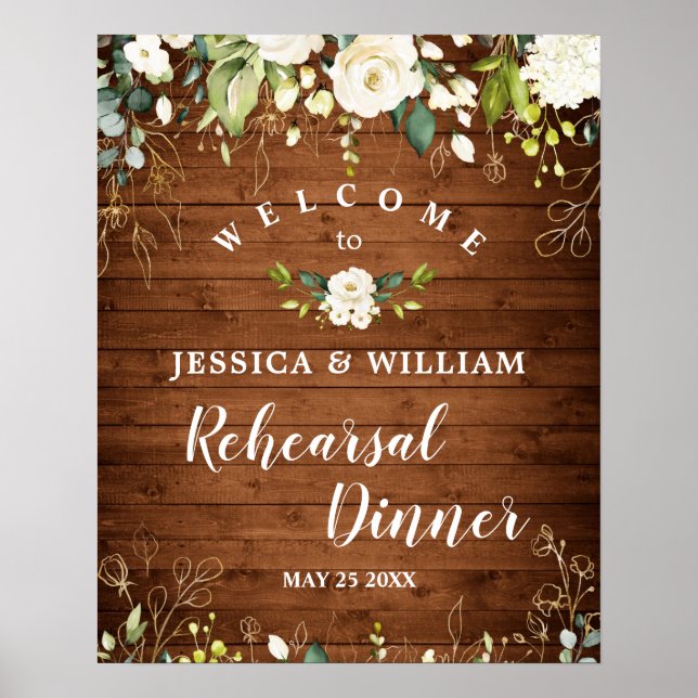 Poster Wood & White Roses  Floral Rehearsal Dinner Sign (Frente)