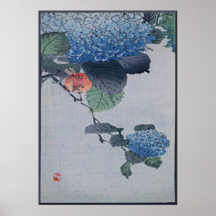 Pôster Woodcut japonês do Hydrangea azul com pássaro